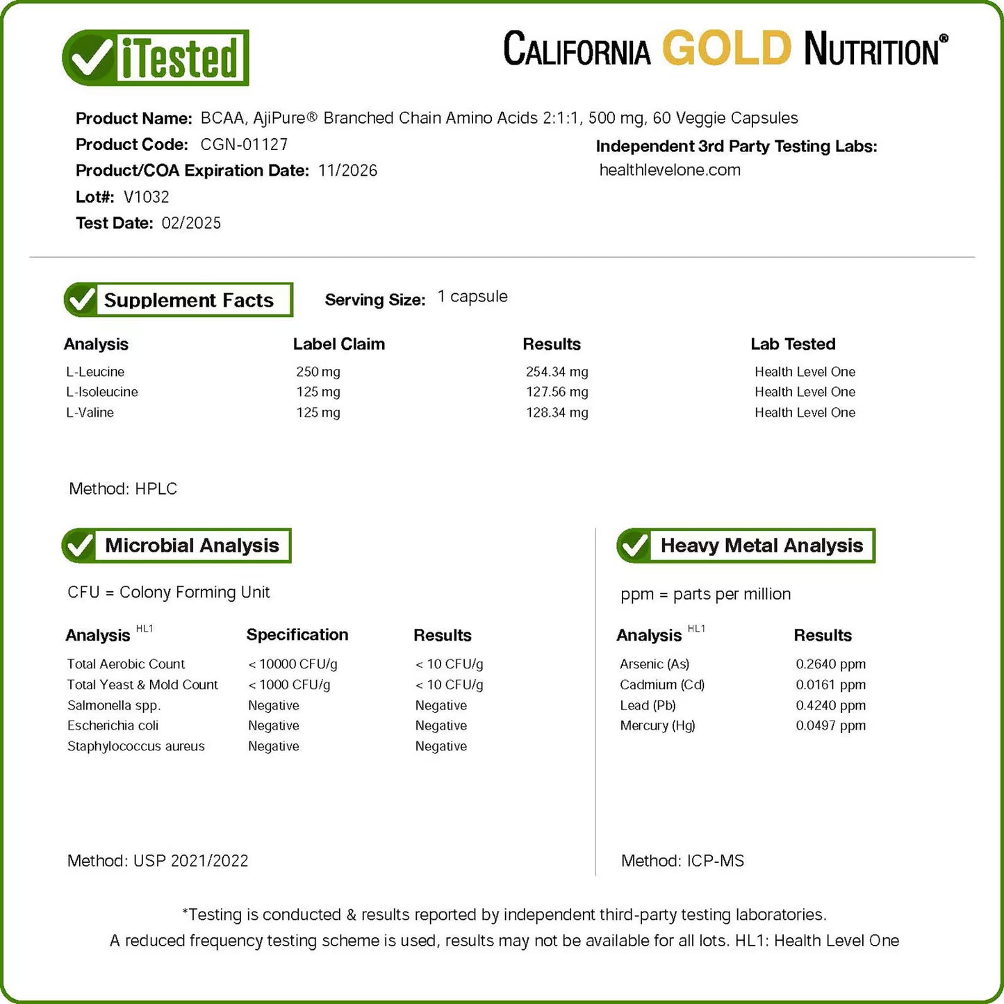 California Gold Nutrition, BCAA, AjiPure® Branched Chain Amino Acids 2:1:1 with L-Leucine, L-Isoleucine, and L-Valine, 500 mg, 60 Veggie Capsules
