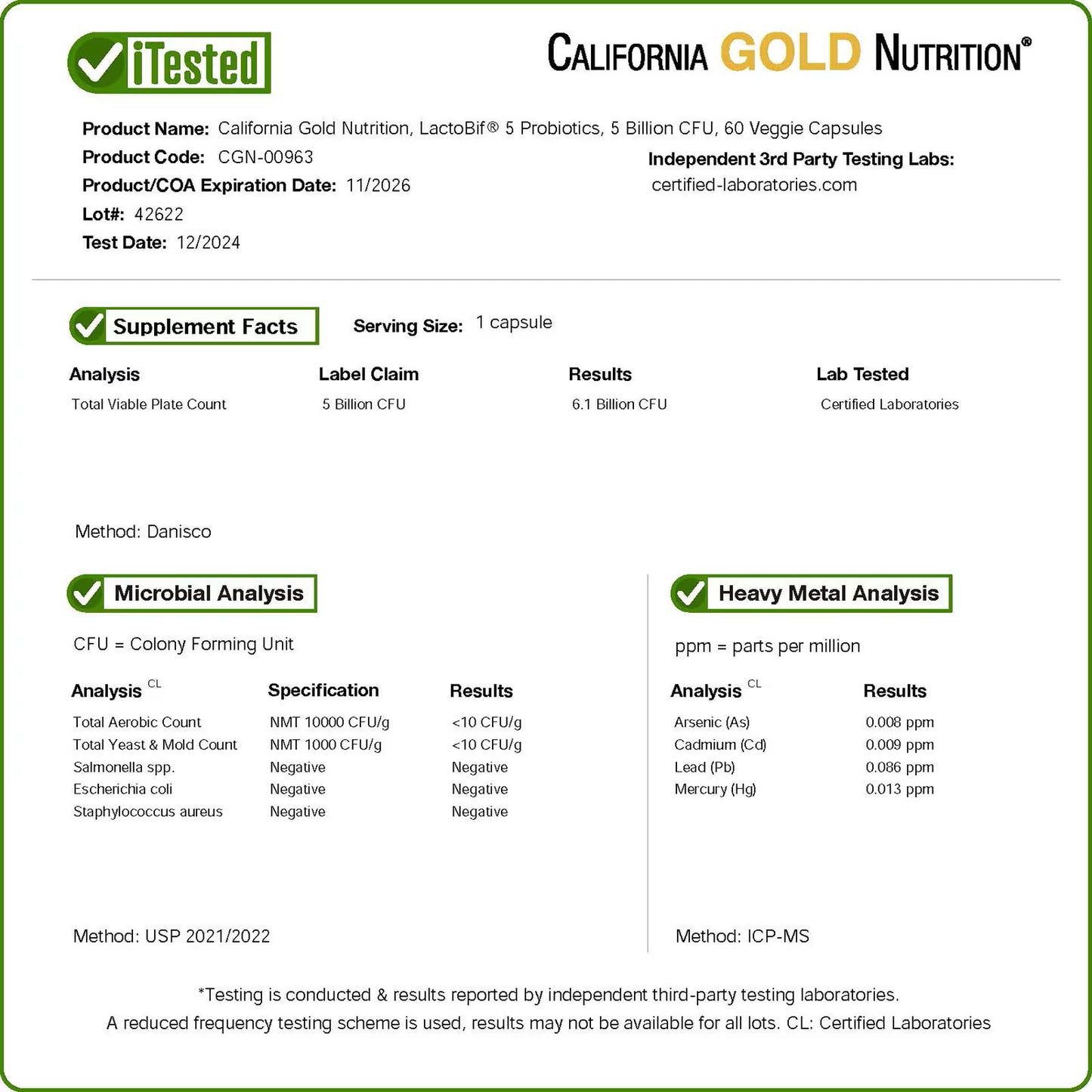 California Gold Nutrition, LactoBif® 5 Probiotics, 5 Billion CFU, 60 Veggie Capsules