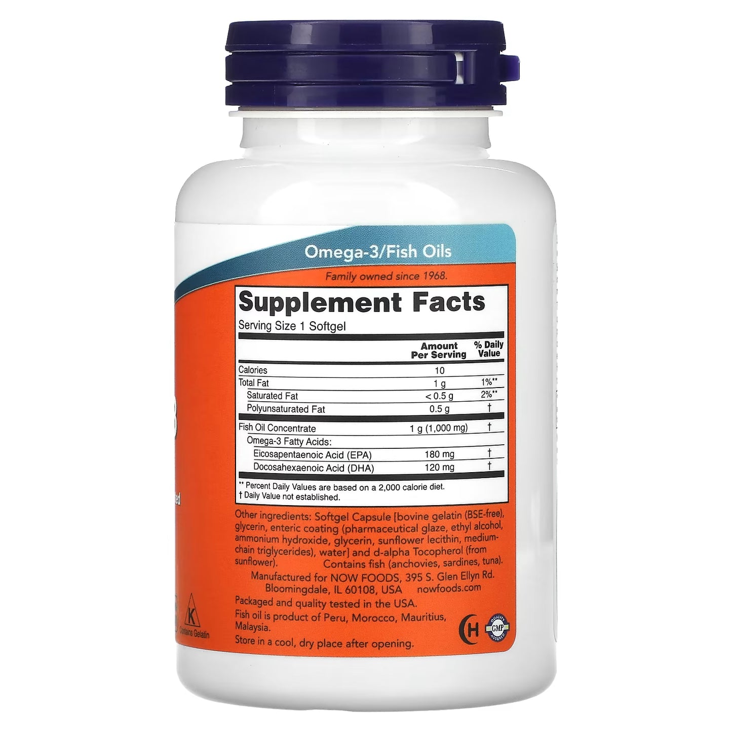 NOW Foods, Omega-3 Fish Oil, 1000 mg, 180 EPA - 120 DHA, Odor Controlled, Enteric Coated, 90 Softgels
