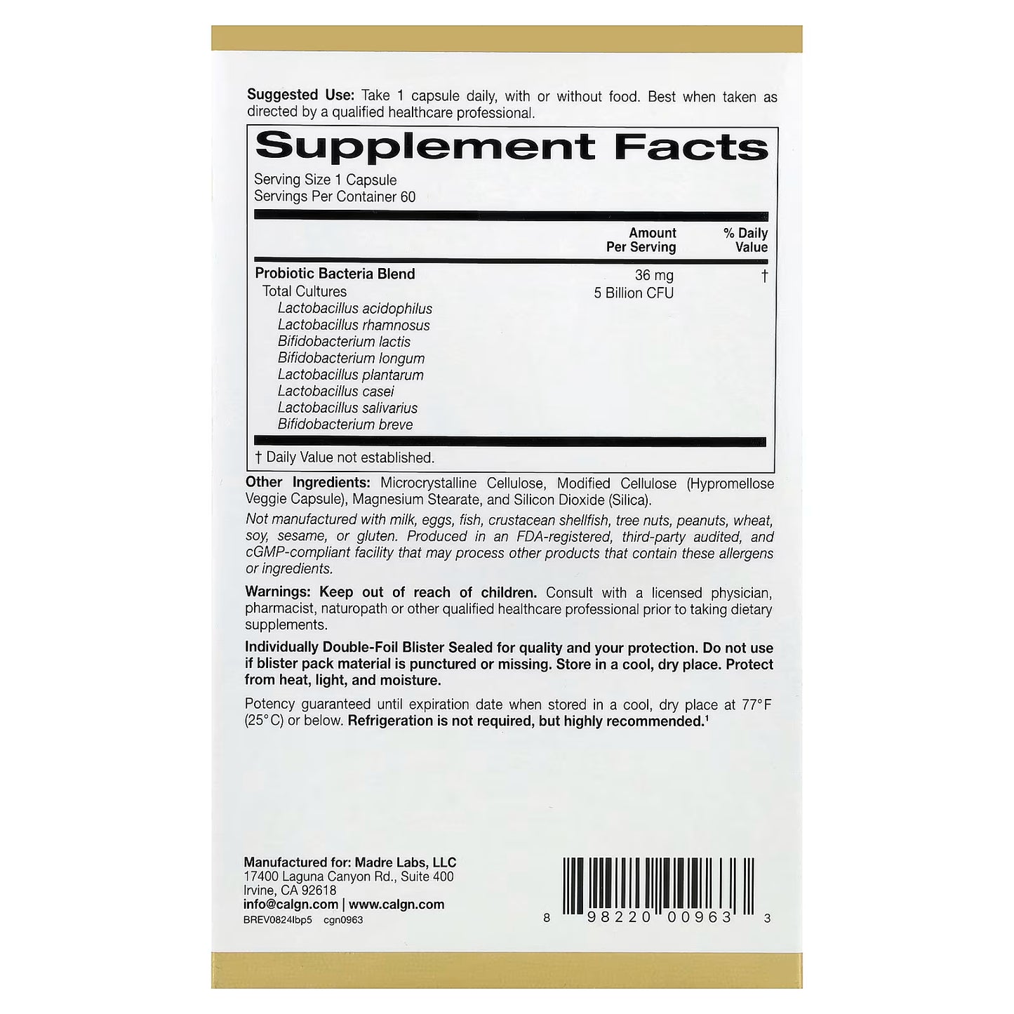 California Gold Nutrition, LactoBif® 5 Probiotics, 5 Billion CFU, 60 Veggie Capsules
