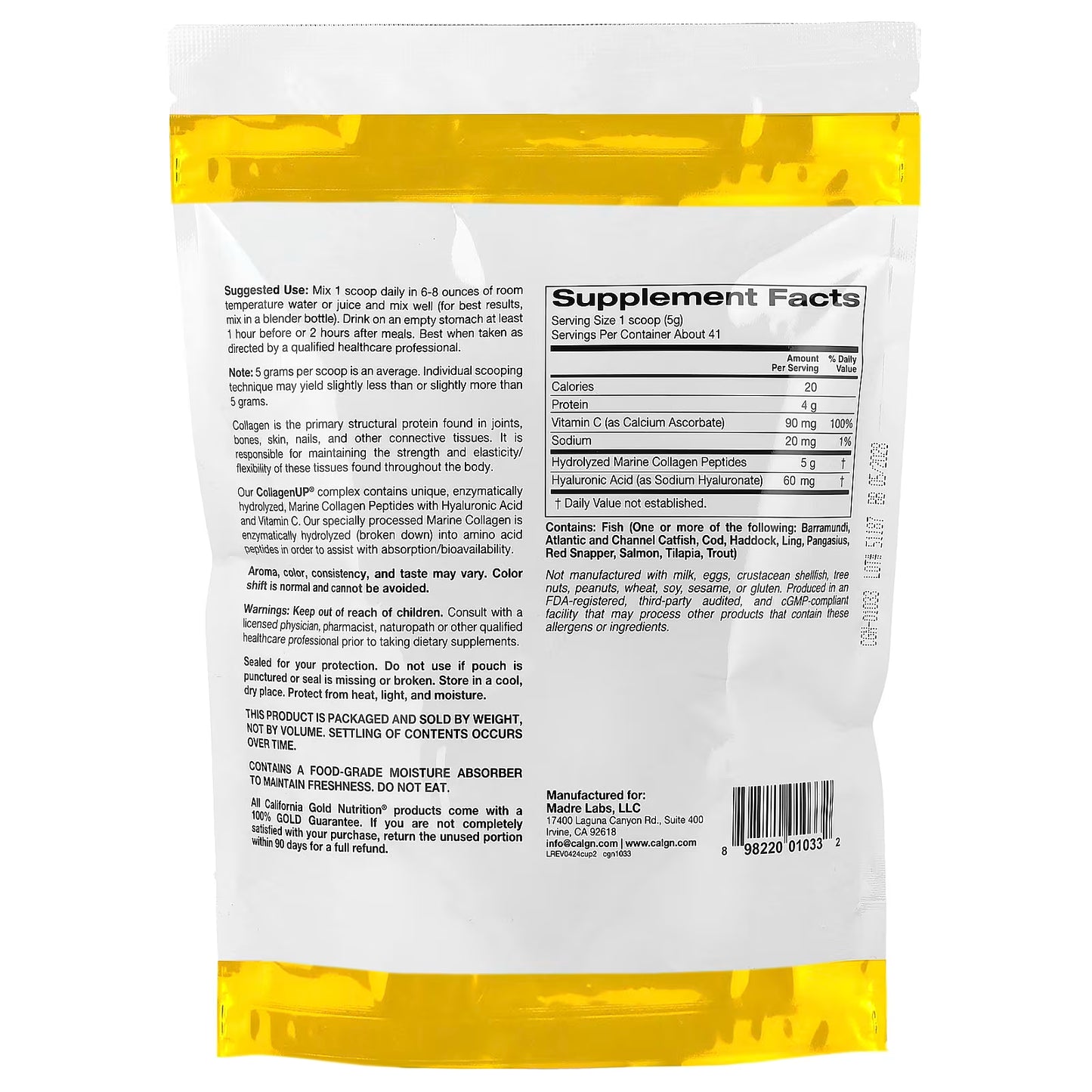 California Gold Nutrition, CollagenUP®, Hydrolyzed Marine Collagen Peptides with Hyaluronic Acid and Vitamin C, Unflavored, 7.26 oz (206 g)