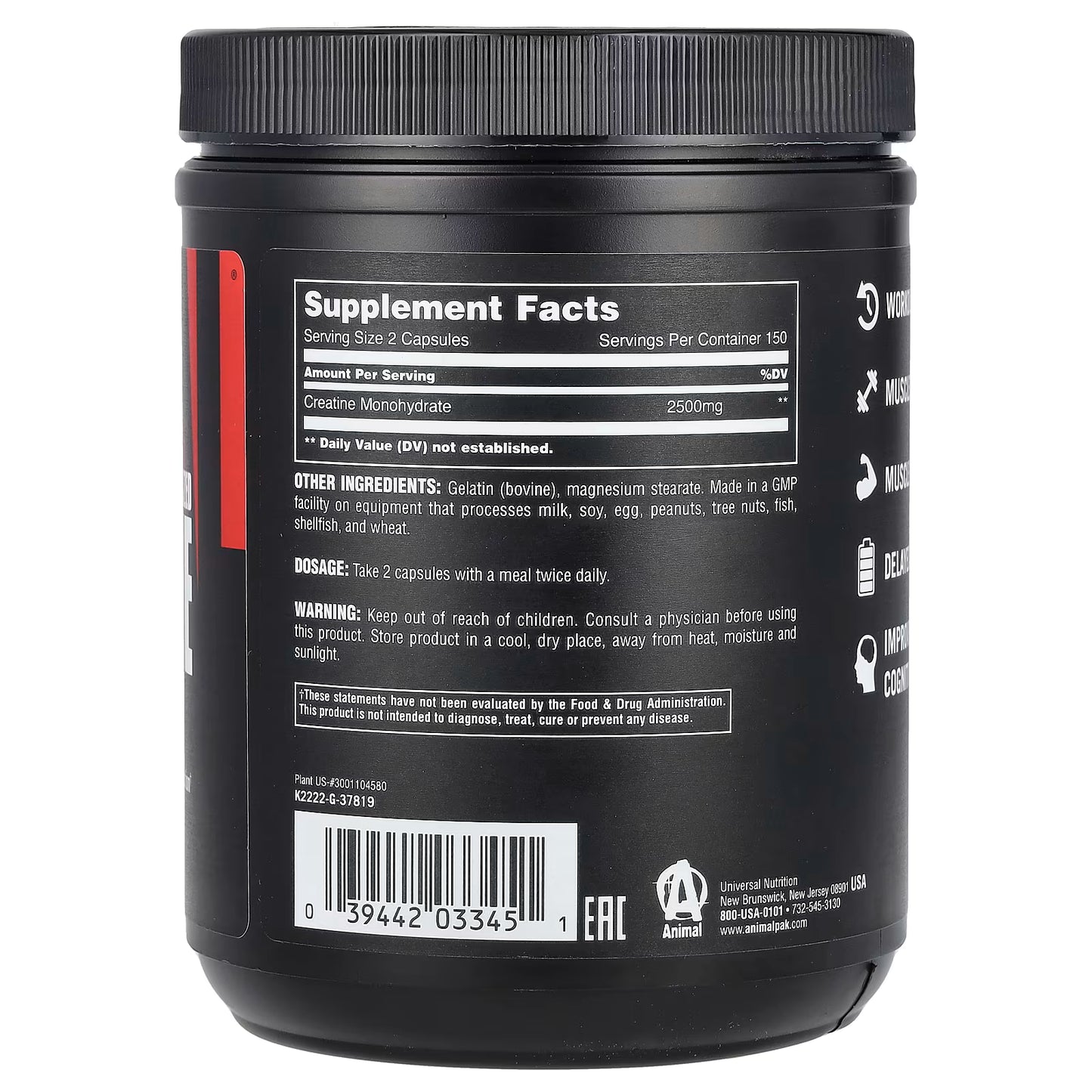 Animal, Micronized Creatine, 300 Capsules (1,250 mg per Capsule)