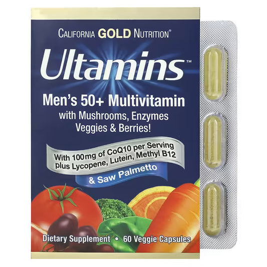 California Gold Nutrition, Ultamins Men's 50+ Multivitamin with CoQ10, Mushrooms, Enzymes, Veggies & Berries, 60 Veggie Capsules