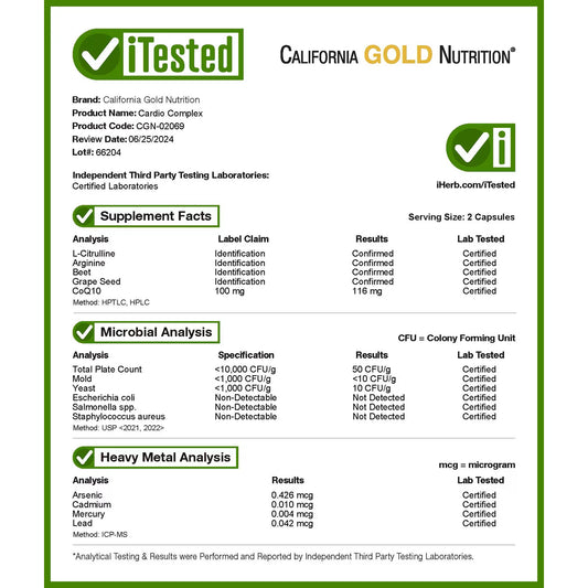 California Gold Nutrition, Cardio Complex with CardioAmino Blend, CardioPhyto Blend and Coenzyme Q10, 180 Veggie Capsules